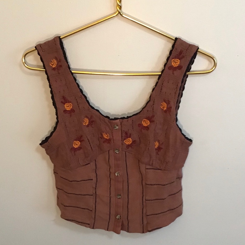 Free People Mauve Brown Embroidered Crop Top with Orange Floral Accents
